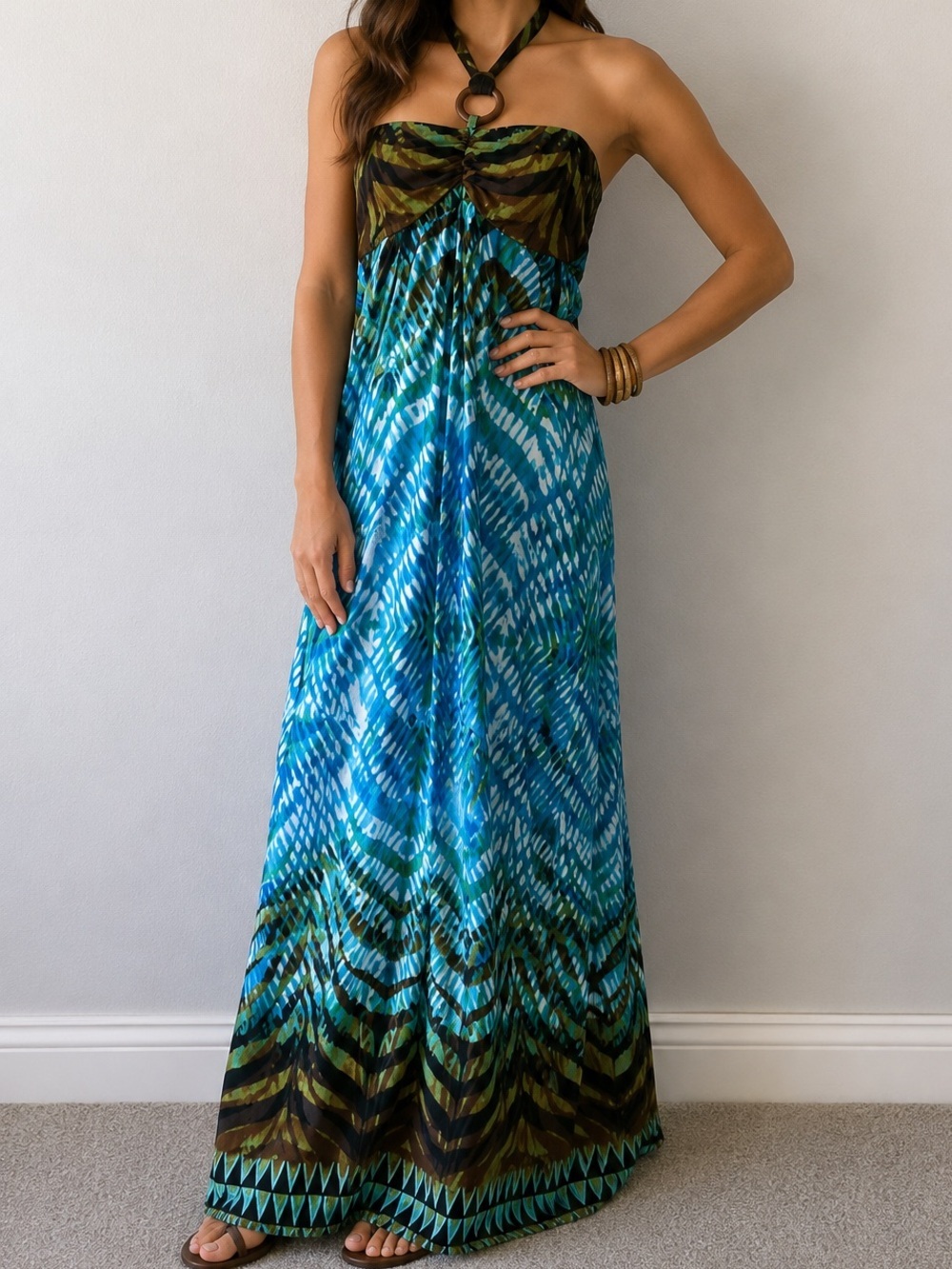 Heart Soul Maxi Dress Strapless Ties Around Neck Lined Bodice Stretch Size S